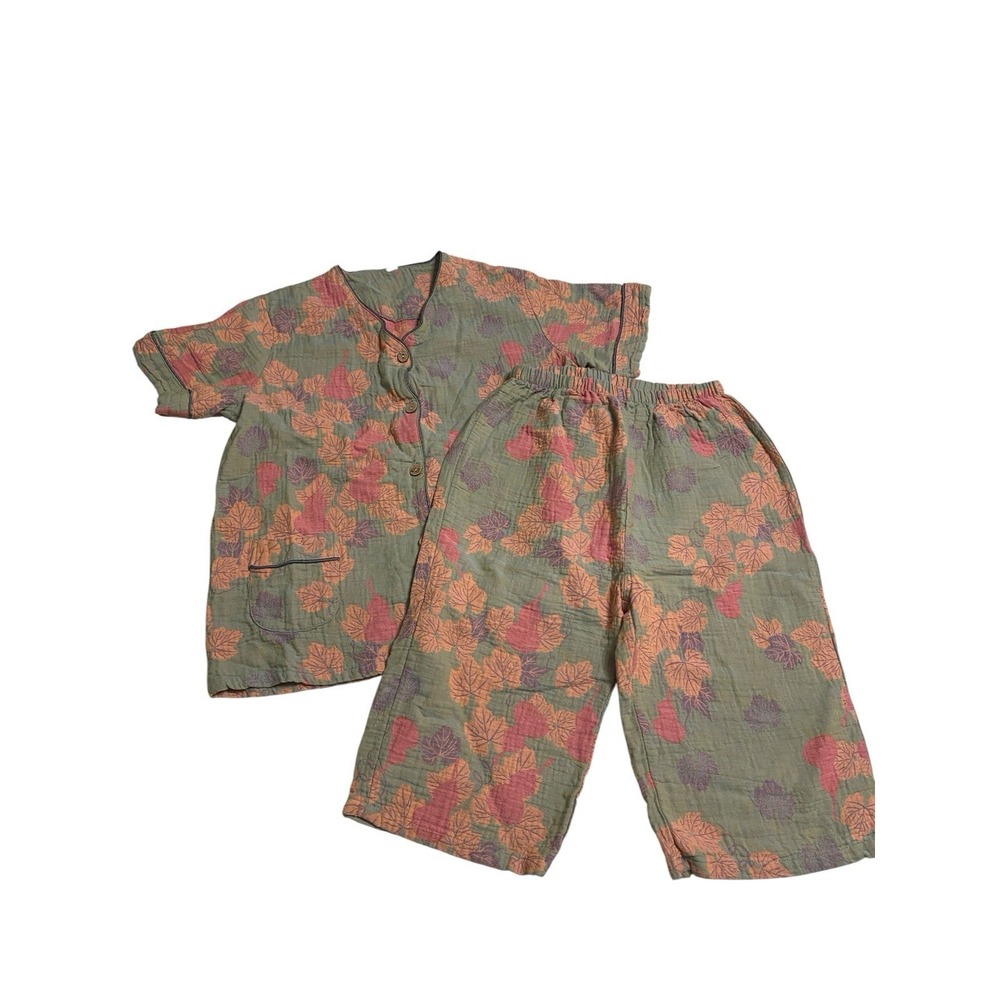 Ownkoti Style Cotton Gauze Pajamas Set S M Green Gourd Crinkle Loungewear